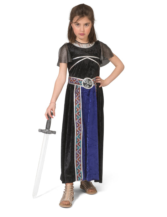Déguisement robe guerrière pour fille noir et bleu avec épée