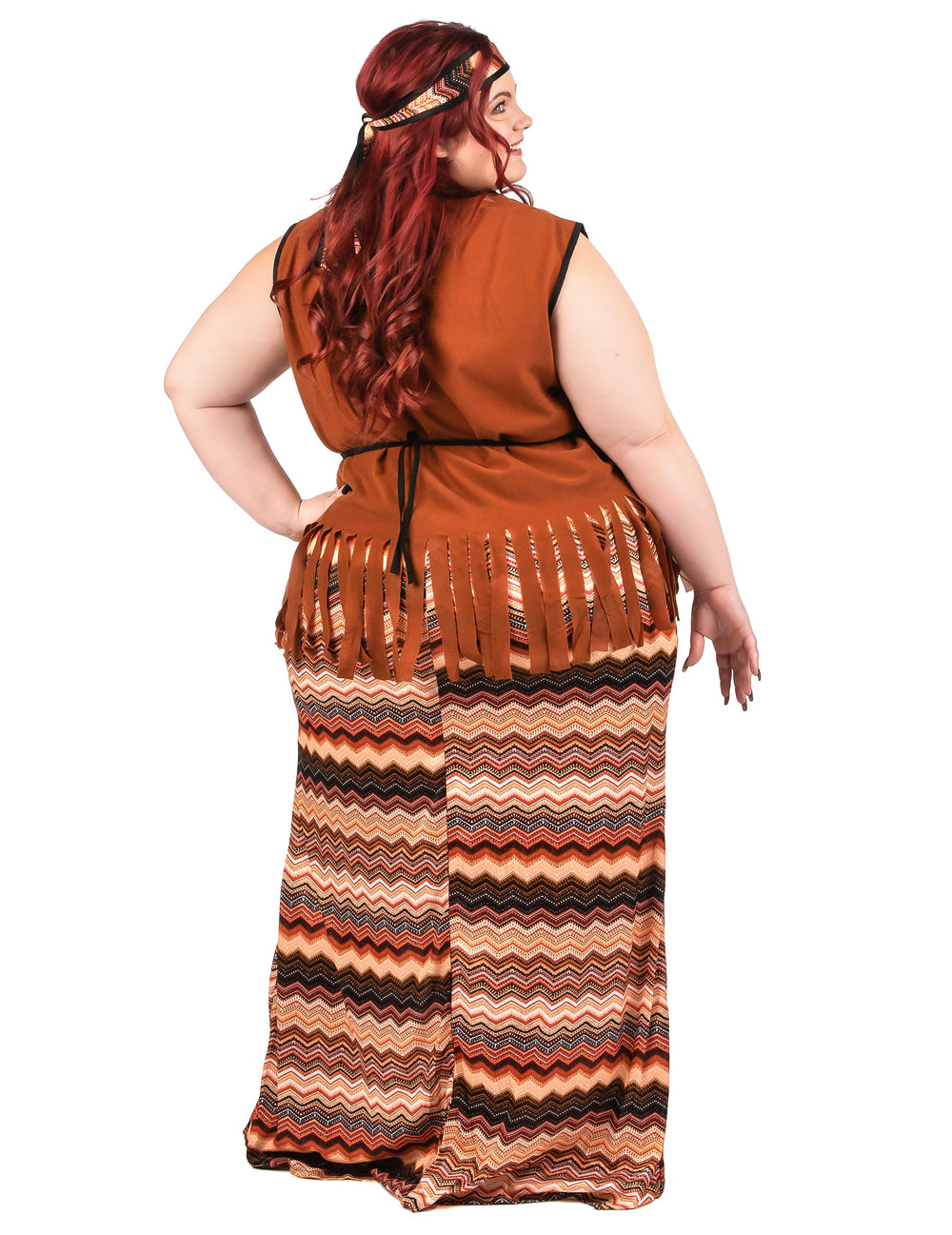 Vue de dos du déguisement robe hippie longue femme grande taille