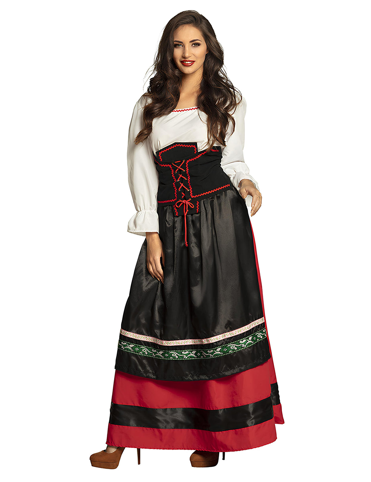 Déguisement robe longue Bavaroise pour femme rouge et noir avec corset à lacets