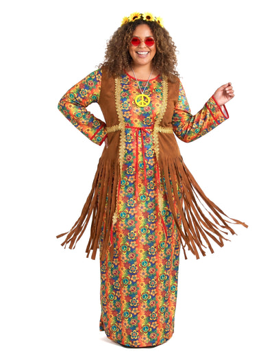 Déguisement robe longue hippie à franges grande taille femme