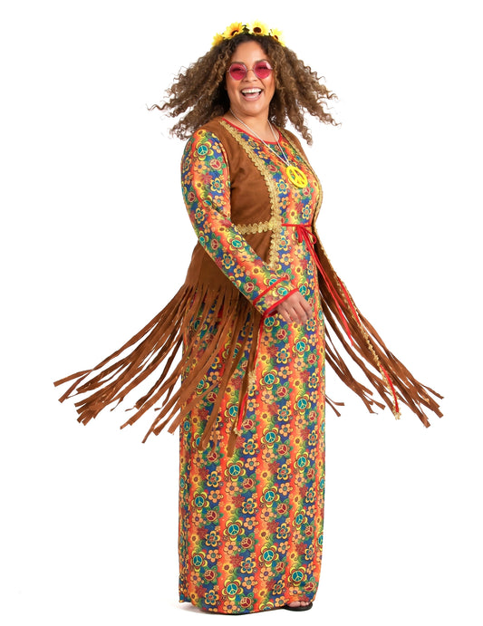 Déguisement robe longue hippie à franges grande taille femme
