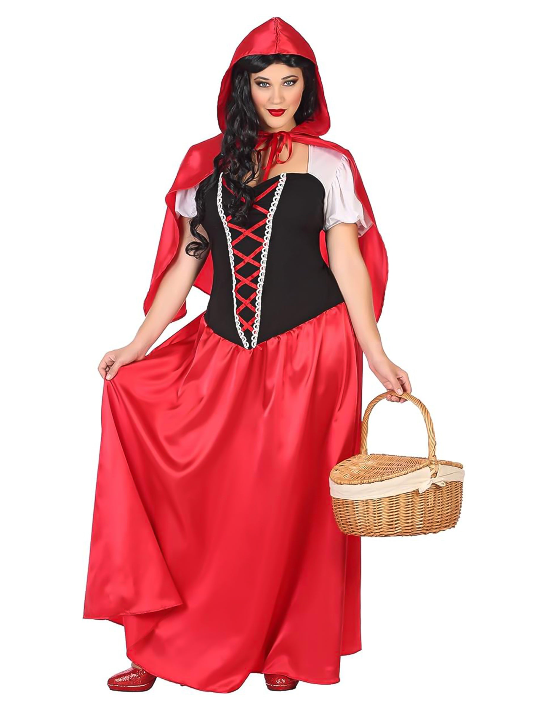 Déguisement robe longue petit chaperon rouge pour femme rouge et noir avec cape à capuche