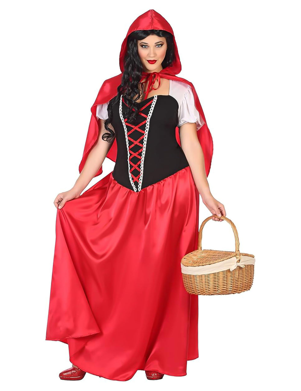 Déguisement robe longue Petit chaperon pour femme rouge et noir avec cape à capuche