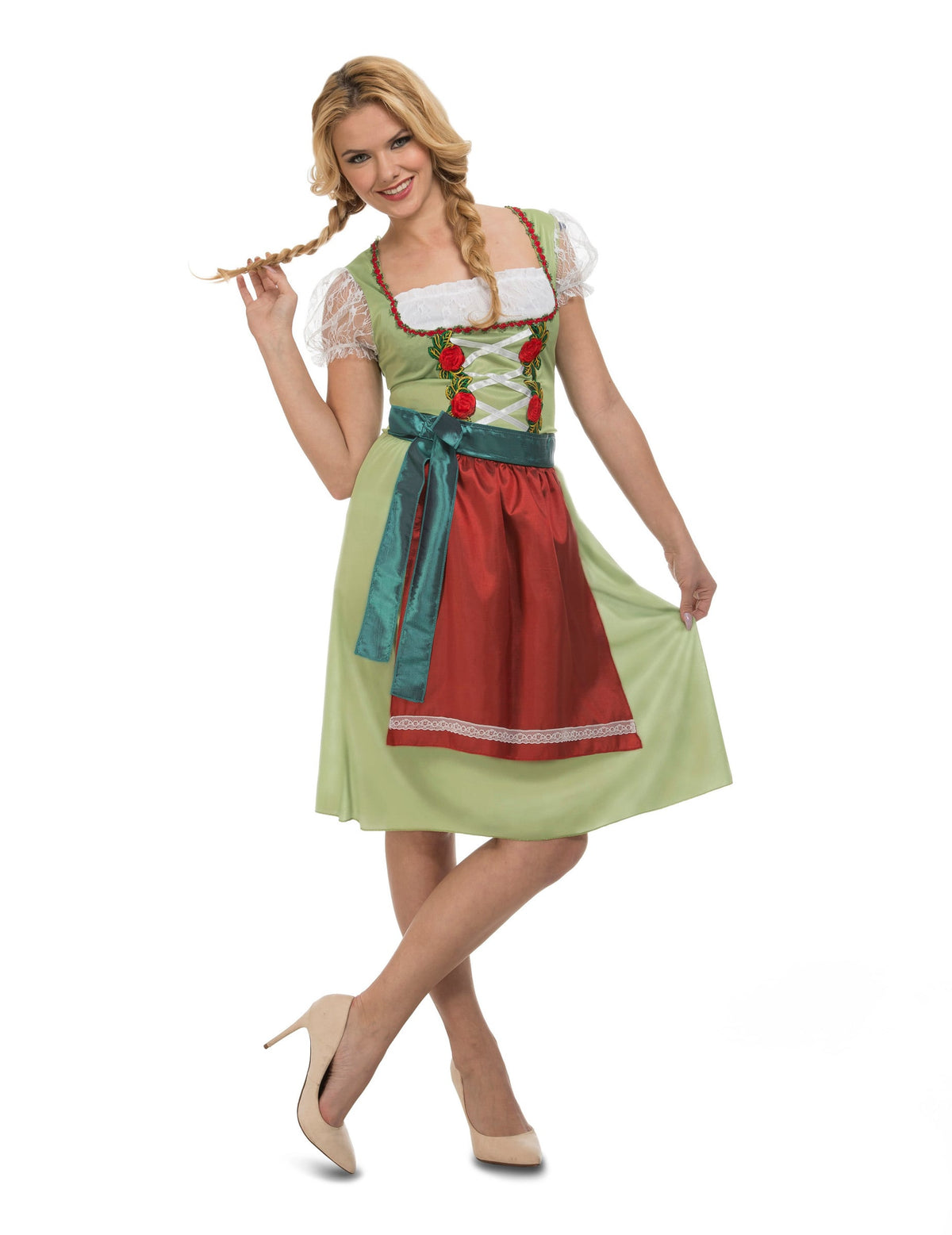 Déguisement robe fête de la bière pour femme vert avec tablier rouge