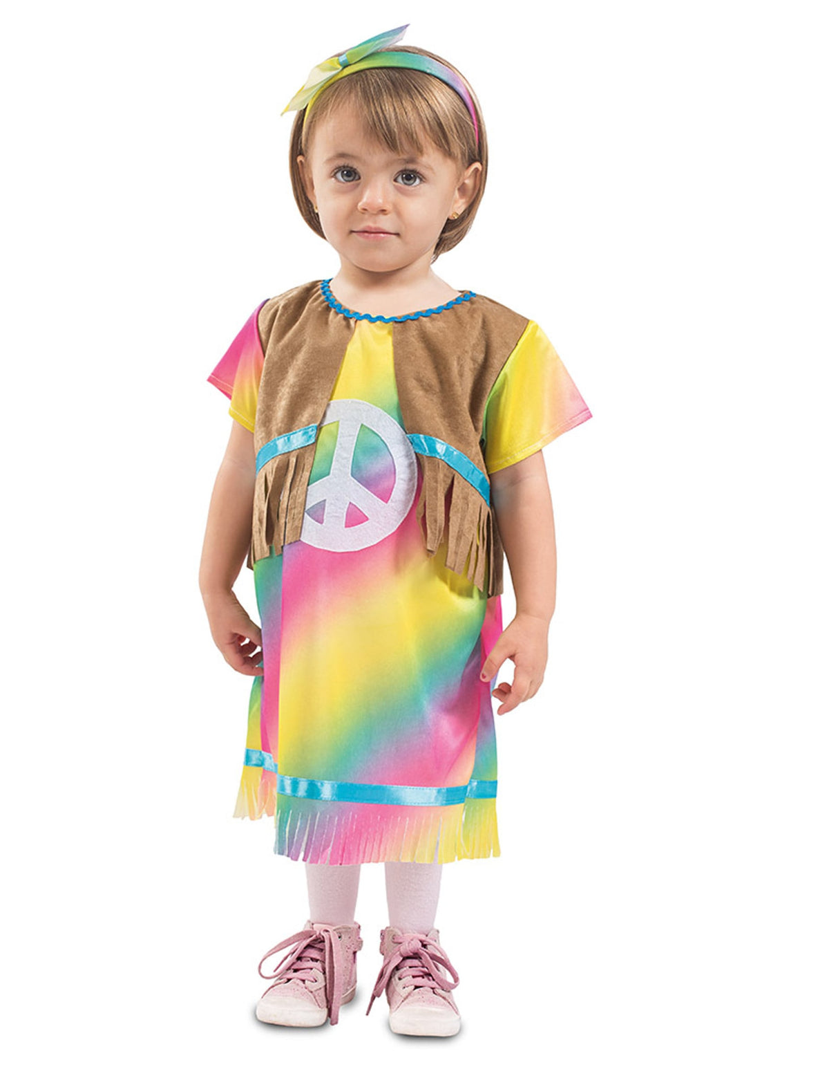 Déguisement robe hippie pour bébé multicolore avec gilet à franges
