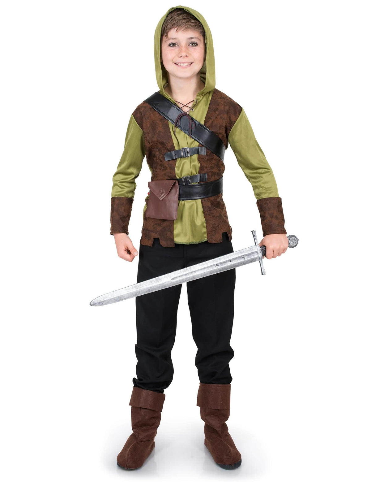 Kostim Robin Hood za dječak zelena i smeđa s mačem i kapuljačom