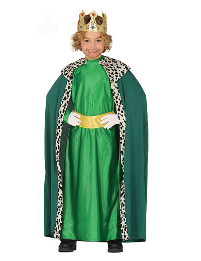 Déguisement Roi Mage pour enfant vert avec cape à motifs dalmatien et couronne dorée