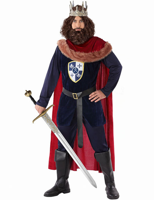 Déguisement roi médiéval pour homme bleu et rouge avec cape et couronne