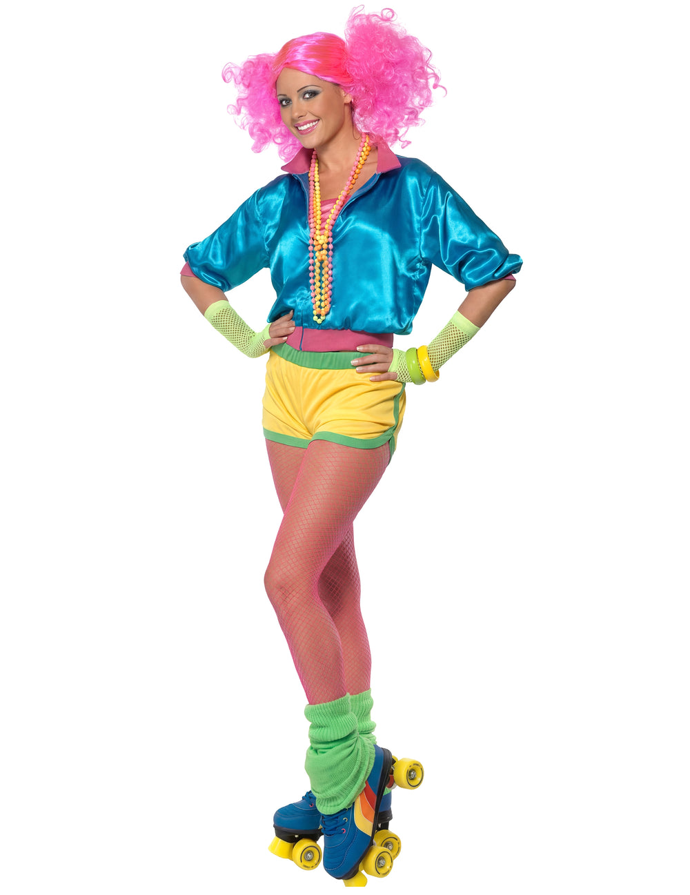 Déguisement roller pour femme multicolore style années 80 avec veste bleue et short jaune