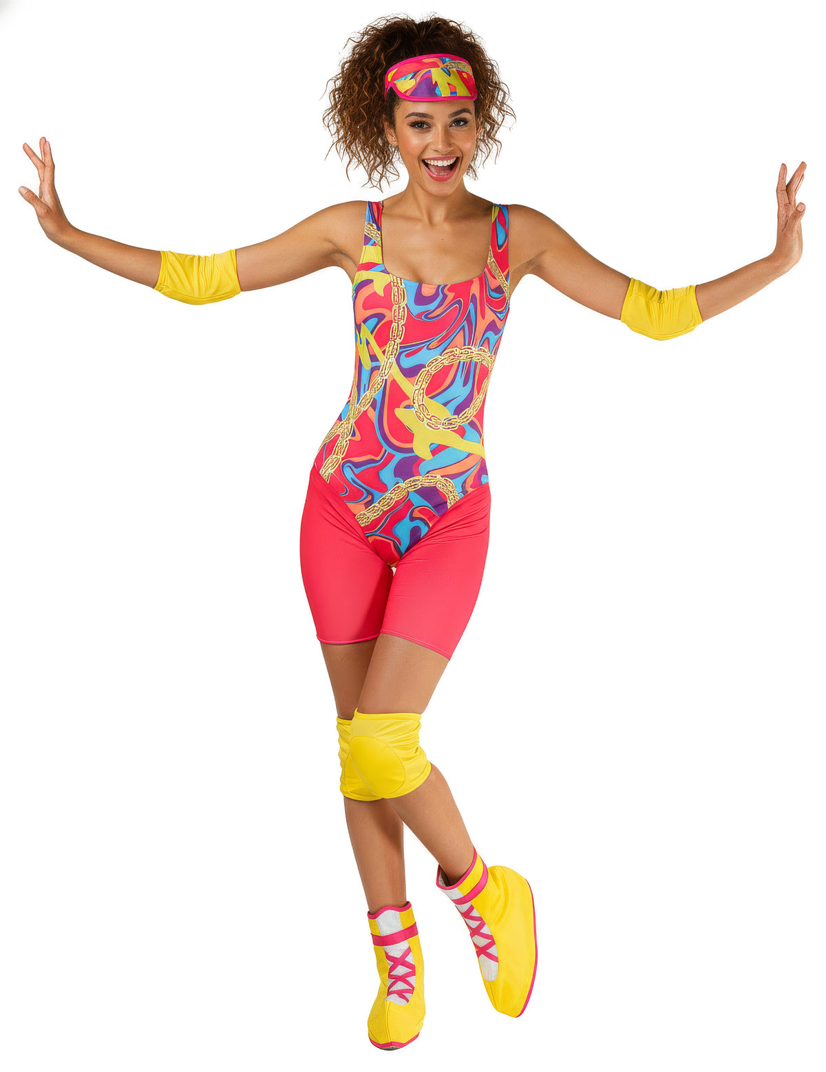 Vue de face du déguisement roller girl fluo pour femme