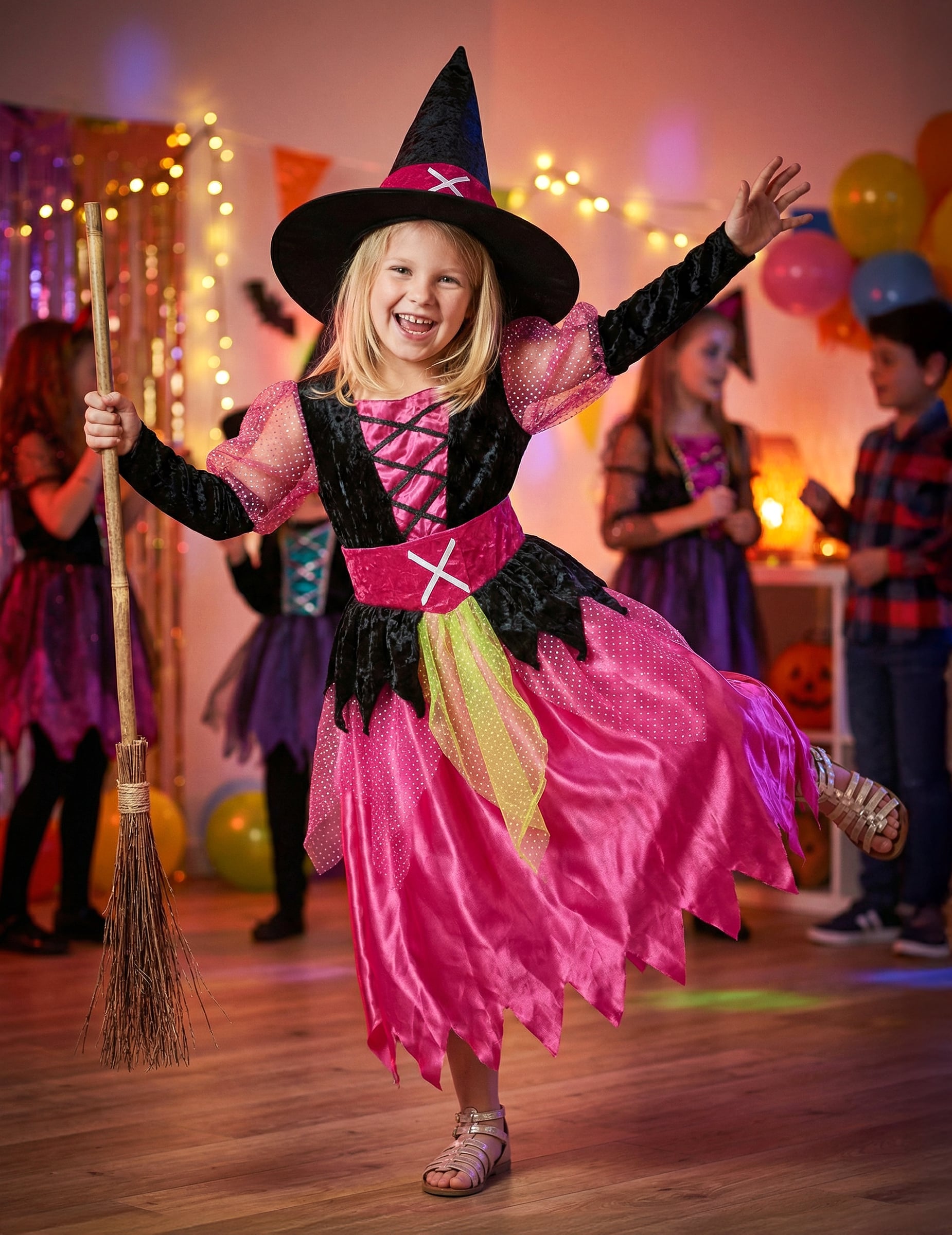 Mise en situation festive avec balai du déguisement de sorcière pour fille