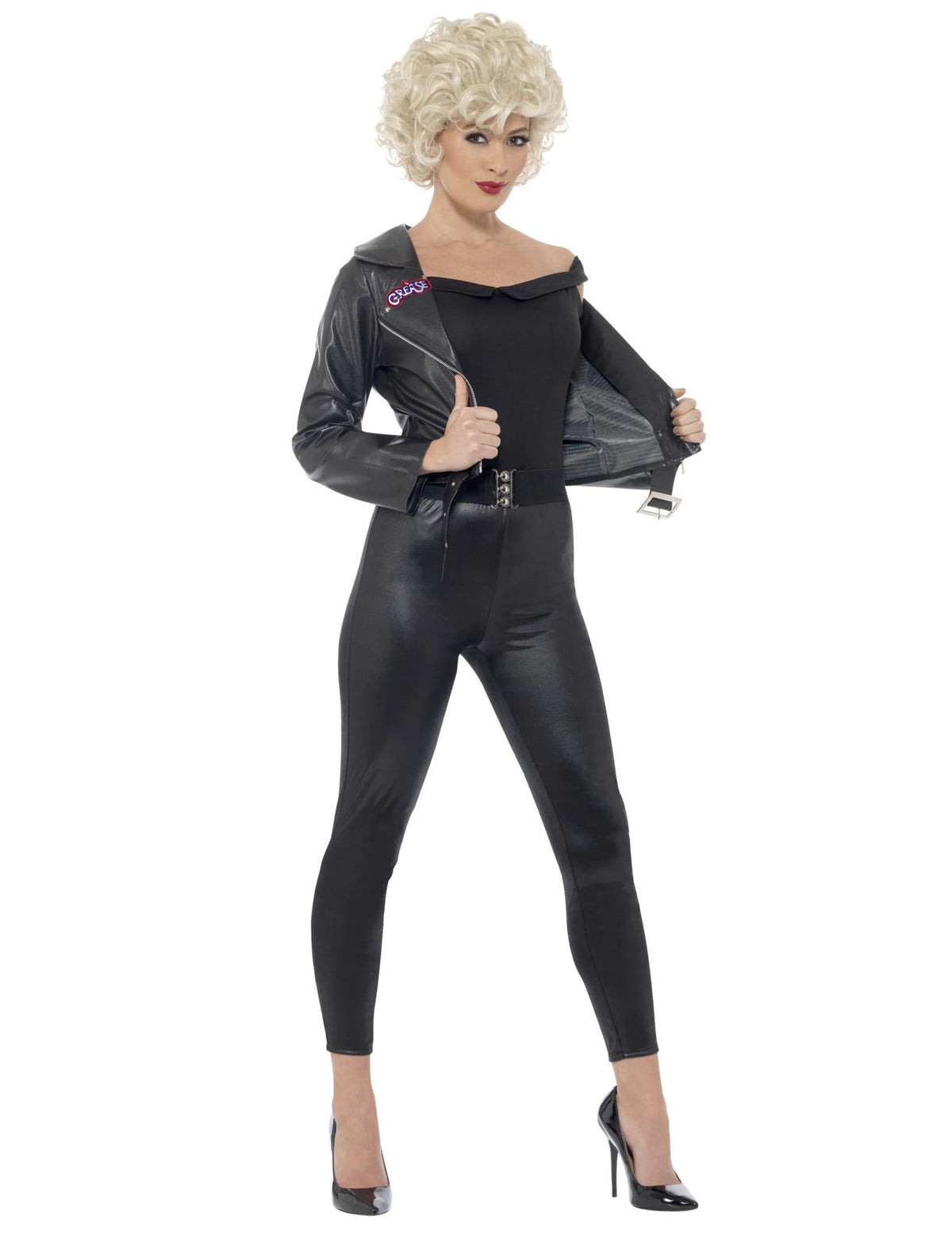 Déguisement Sandy Grease™ pour femme noir avec veste en simili cuir
