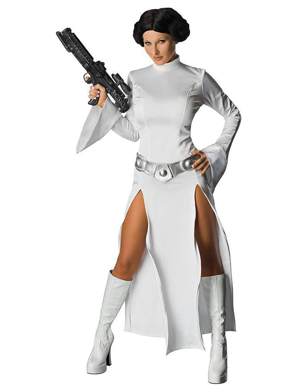 Pogled sprijeda s blasterom seksi kostima princeze Leije iz Star Wars