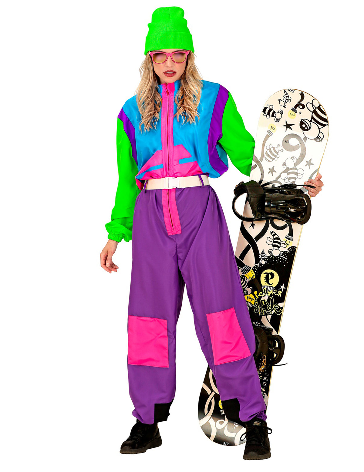 Vue de face avec snowboard du déguisement snowboarder fluo pour adulte