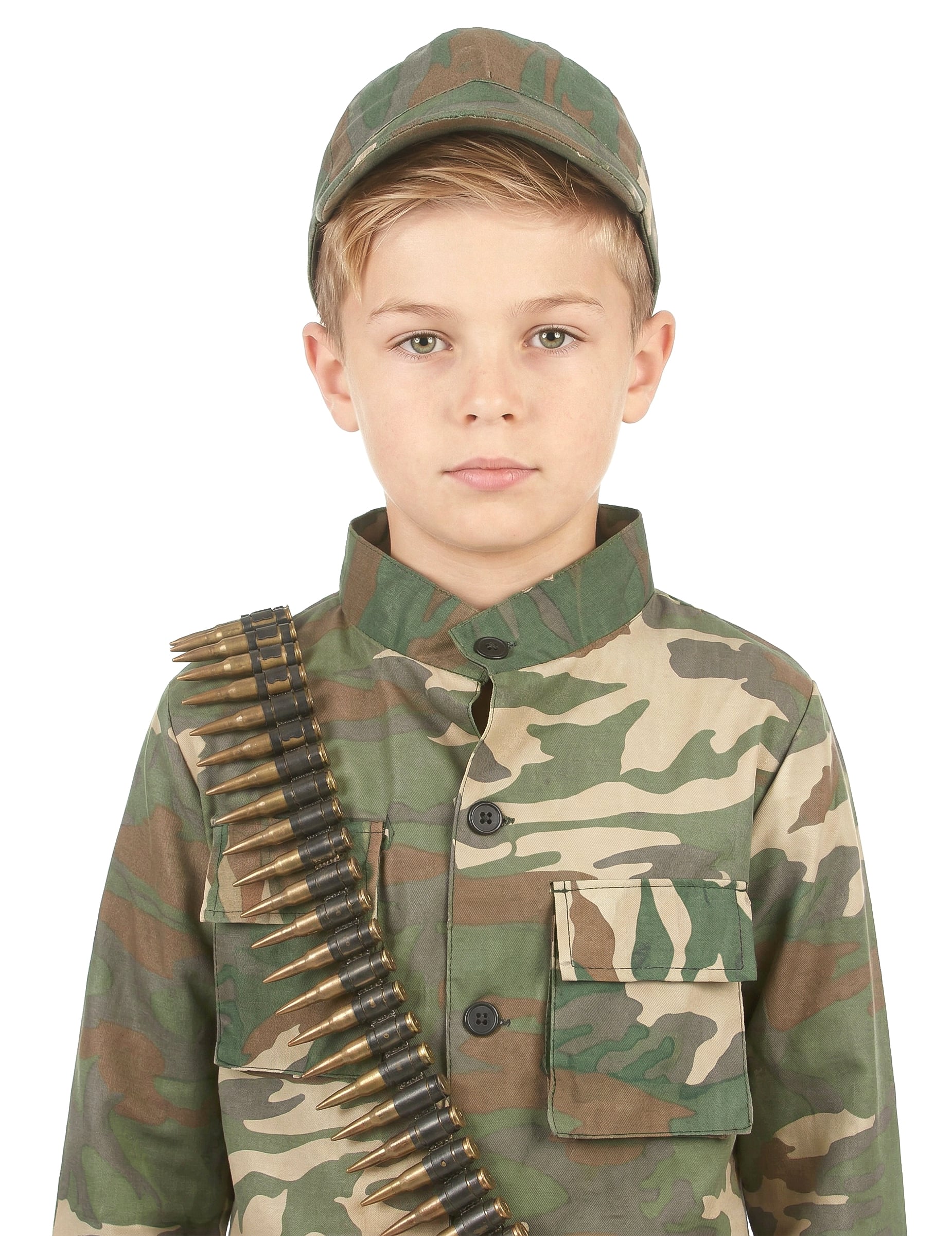 Gros plan sur le buste et la casquette du déguisement de soldat pour garçon