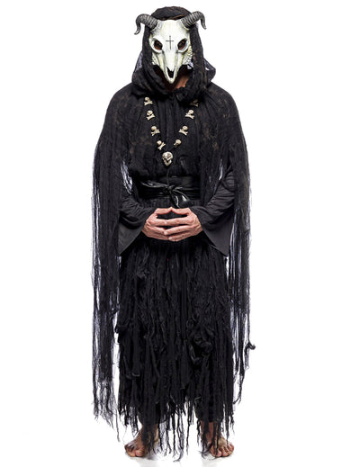 Déguisement sorcier occulte avec masque luxe pour adulte noir avec masque de crâne blanc à cornes