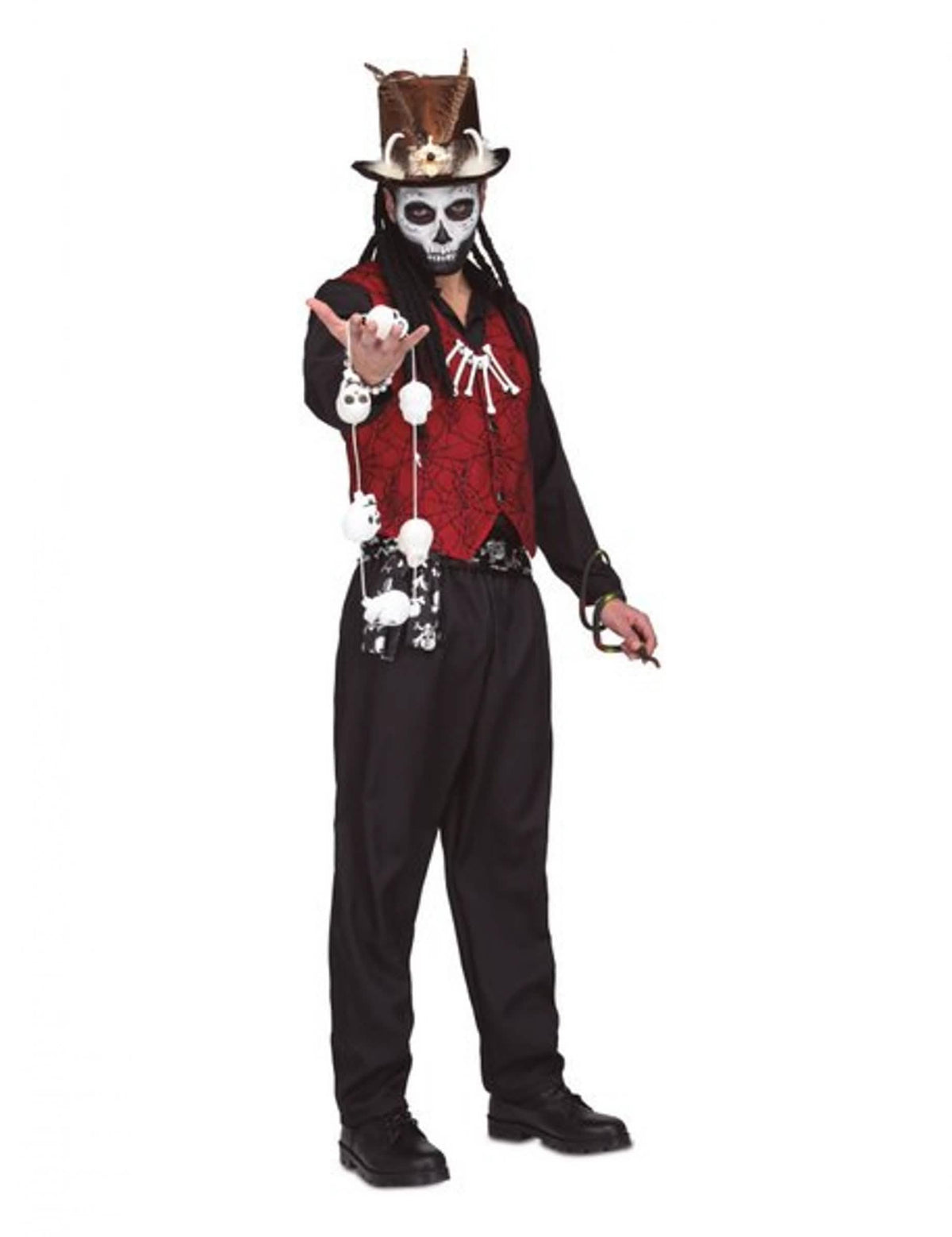 Kostim vudu čarobnjaka za muškarac crvena i crna s prslukom i šeširom s perjem