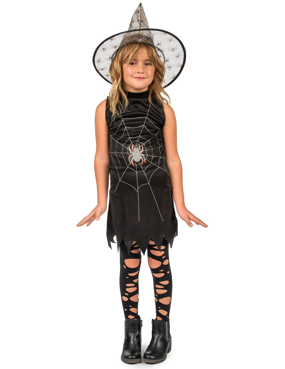 Déguisement de sorcière avec chapeau pour fille noir avec motif de toile d'araignée