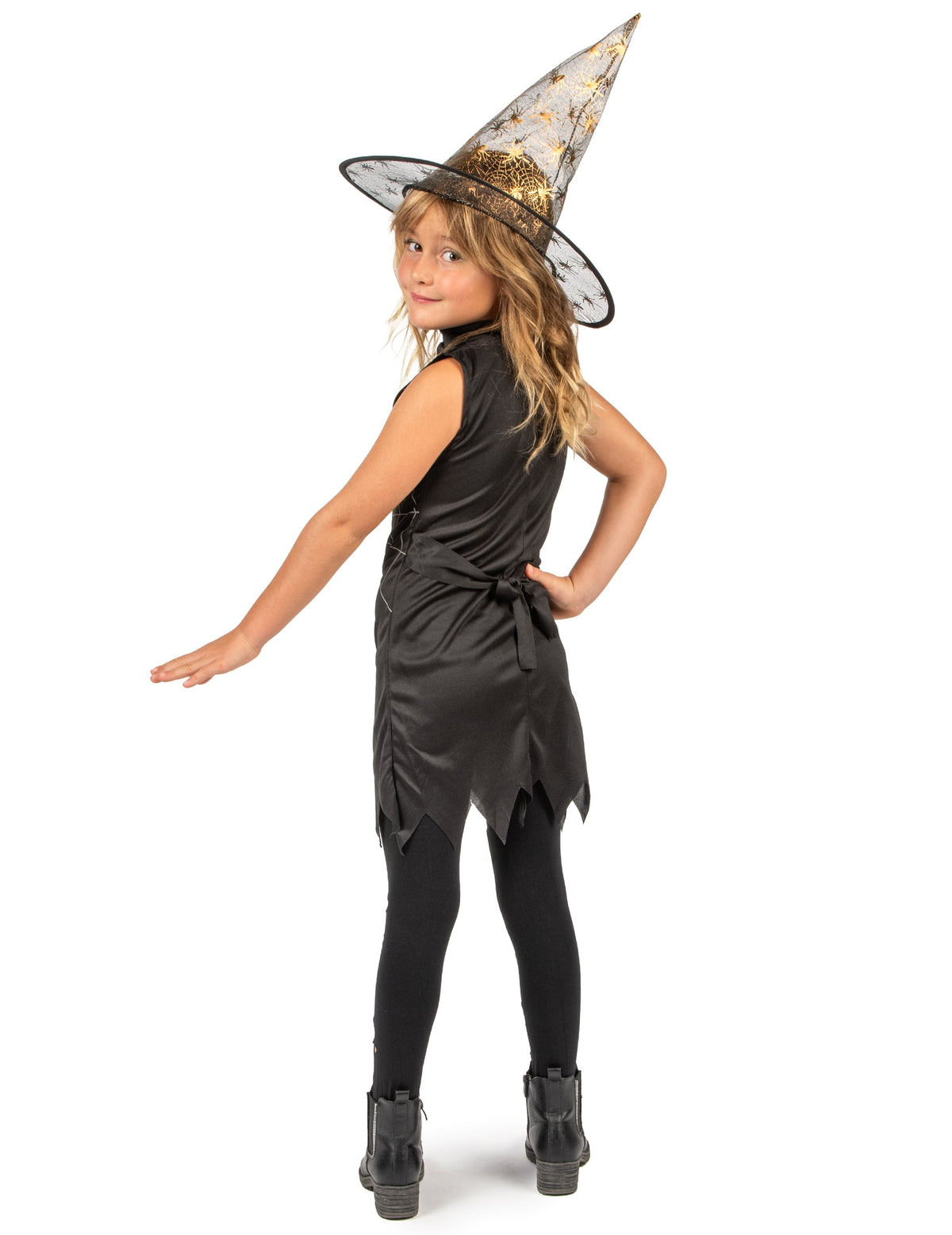 Déguisement de sorcière avec chapeau pour fille noir et doré à motifs toiles d'araignées