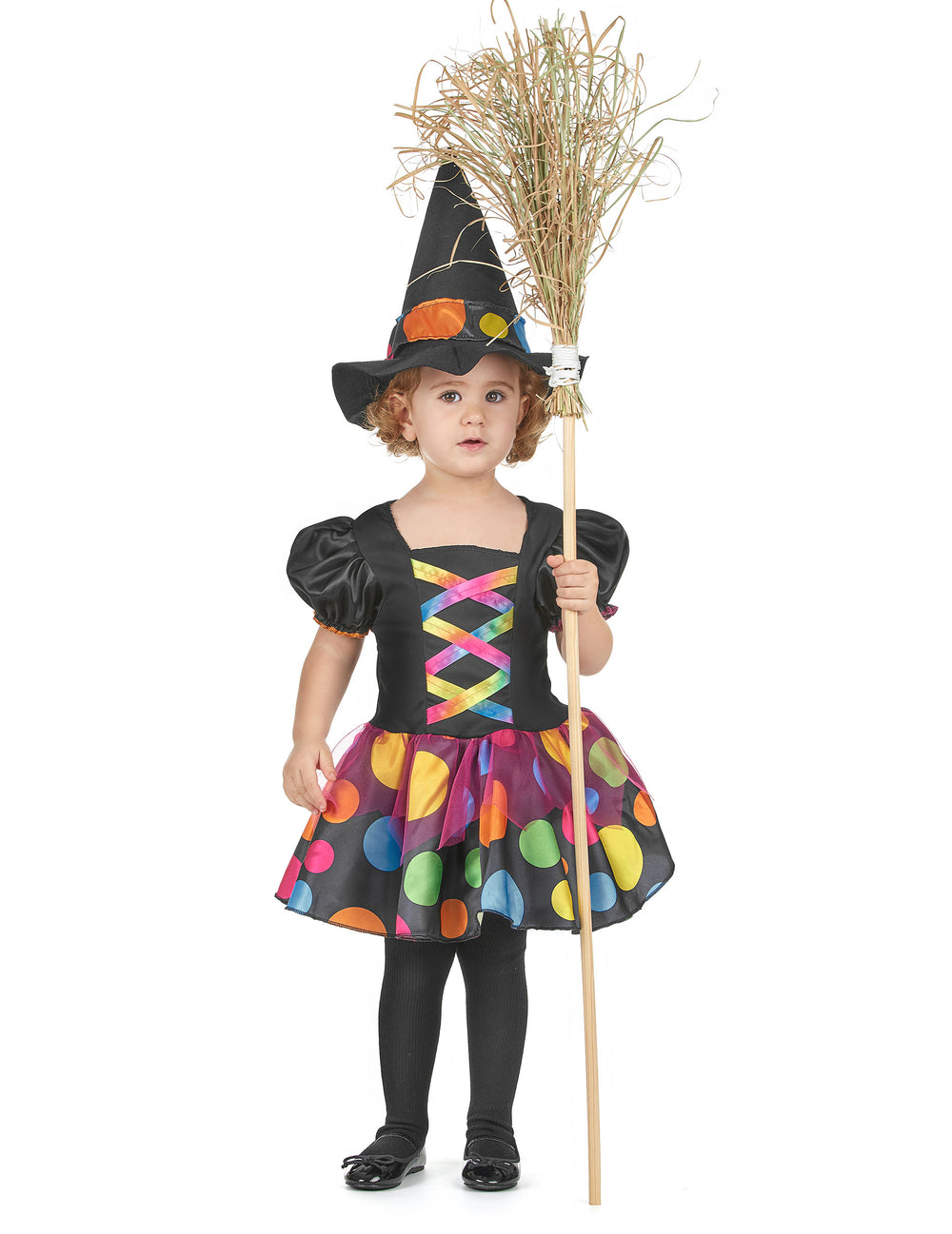 Déguisement de sorcière colorée pour fille noir à pois multicolores avec chapeau pointu