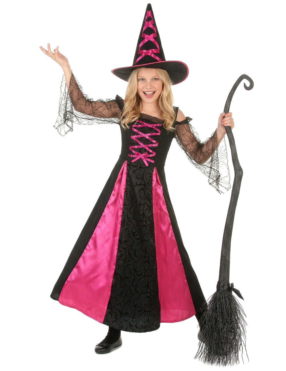 Déguisement de sorcière dentelé Halloween pour fille noir et rose avec chapeau