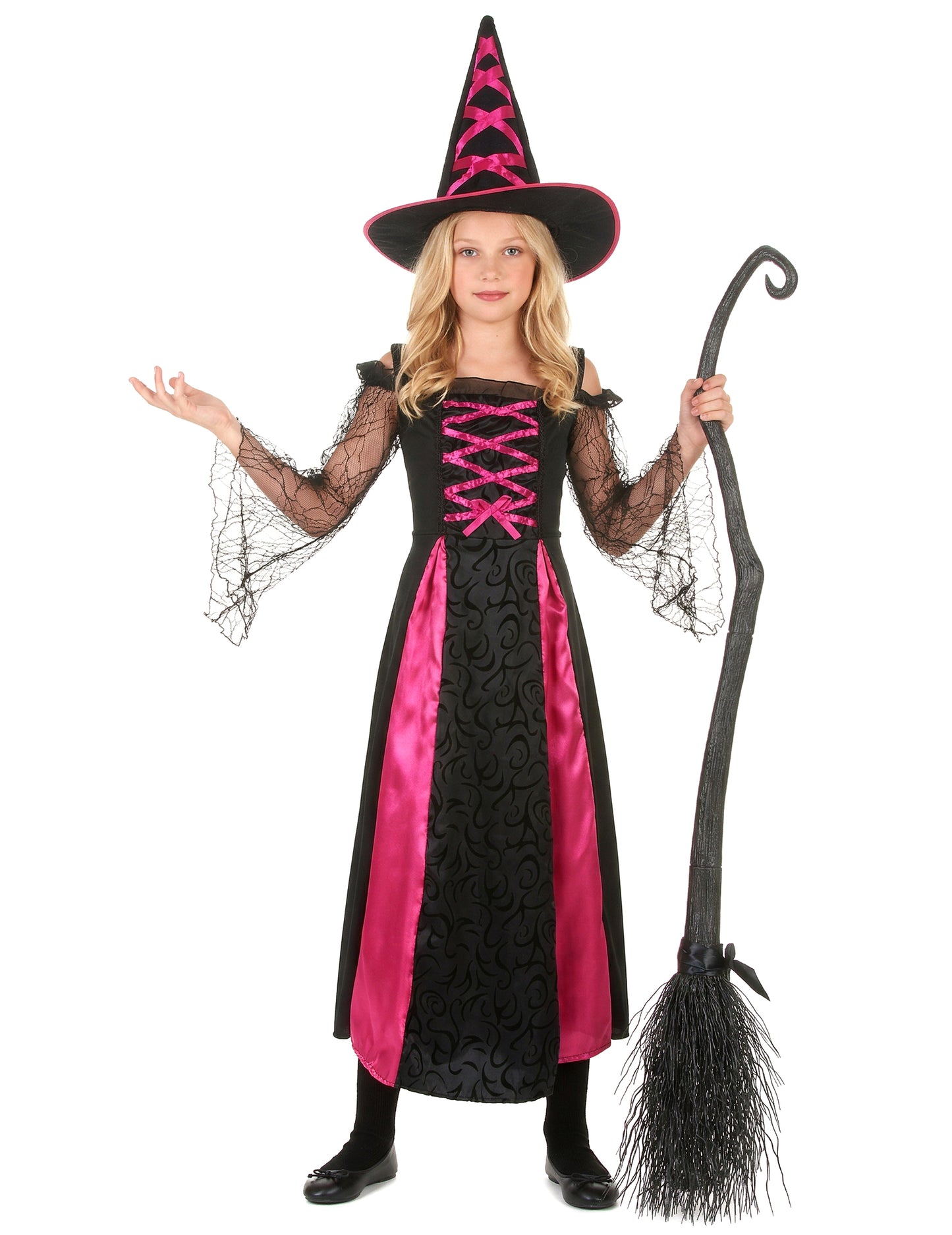 Vue d'ensemble avec chapeau et balai du déguisement de sorcière dentelé Halloween