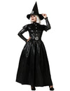 Déguisement sorcière gothique pour femme noire avec chapeau pointu et pentagramme