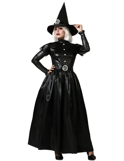 Déguisement sorcière gothique pour femme noire avec chapeau pointu et pentagramme