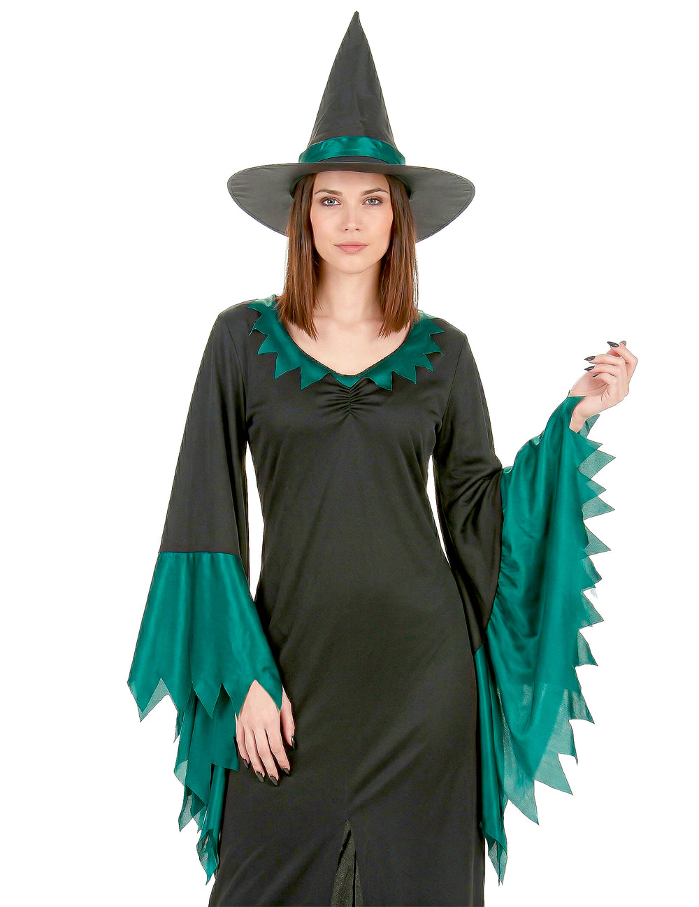 Gros plan sur le buste et le chapeau du déguisement de sorcière longue pour femme