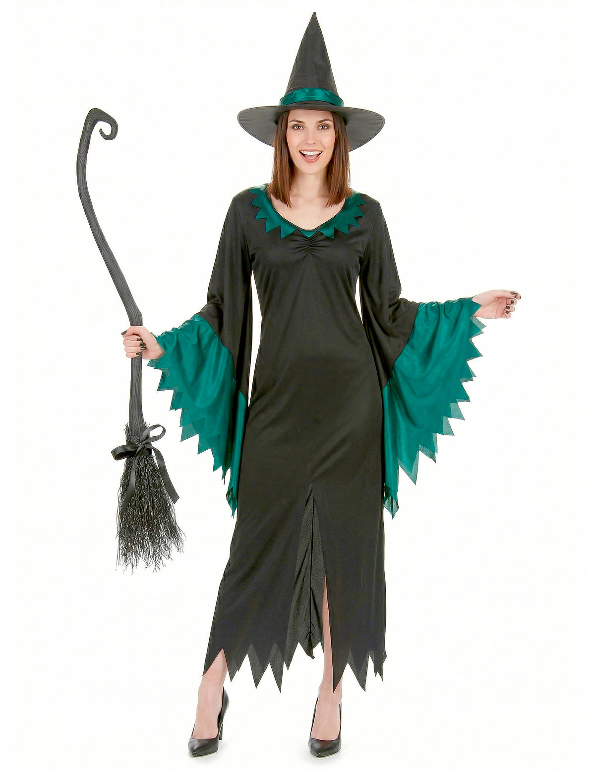 Déguisement de sorcière longue pour femme noir et vert avec chapeau pointu