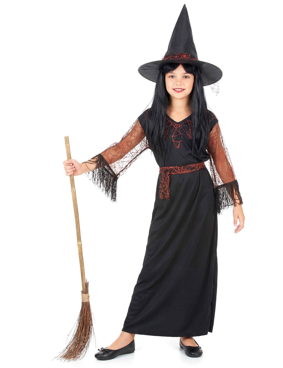 Kostim vještice za halloween za djevojčica crna s narančasta paučinama i šiljastim šeširom