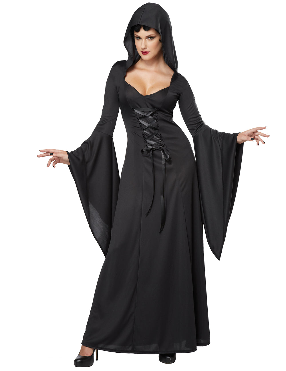 Déguisement sorcière noire pour femme Halloween avec capuche et laçage