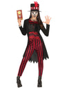 Déguisement sorcière vaudou pour adolescente rouge et noir avec chapeau et legging rayé