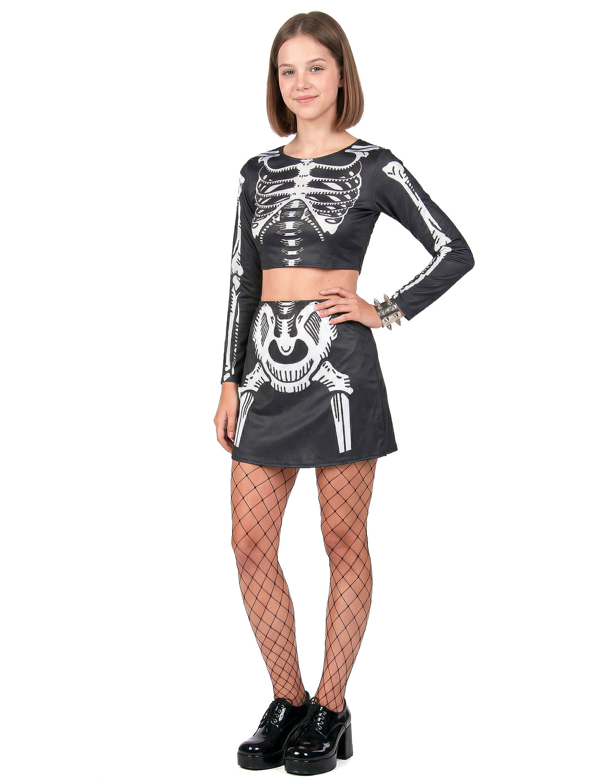 Déguisement de squelette crop top pour femme noir et blanc