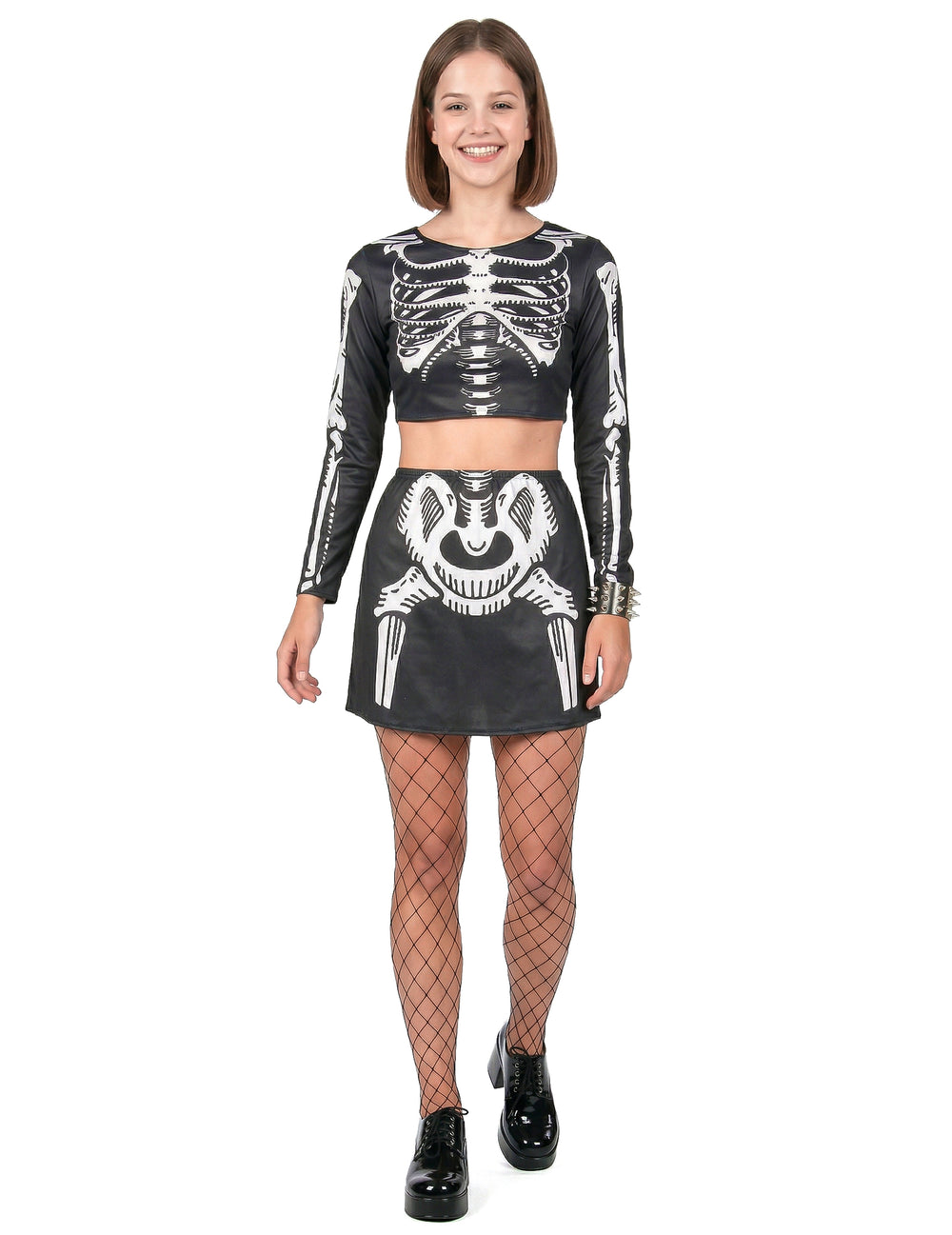 Vue de face du déguisement de squelette crop top