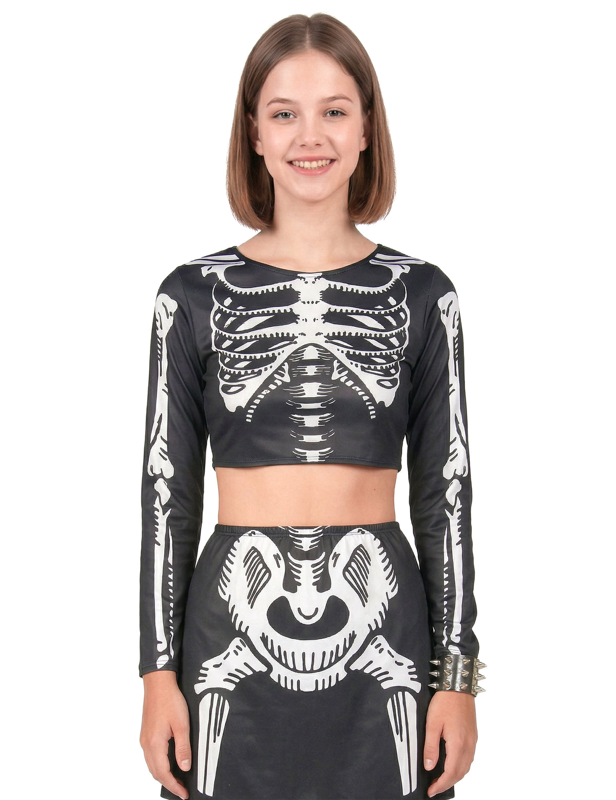 Détail de l'imprimé ossements du déguisement de squelette crop top