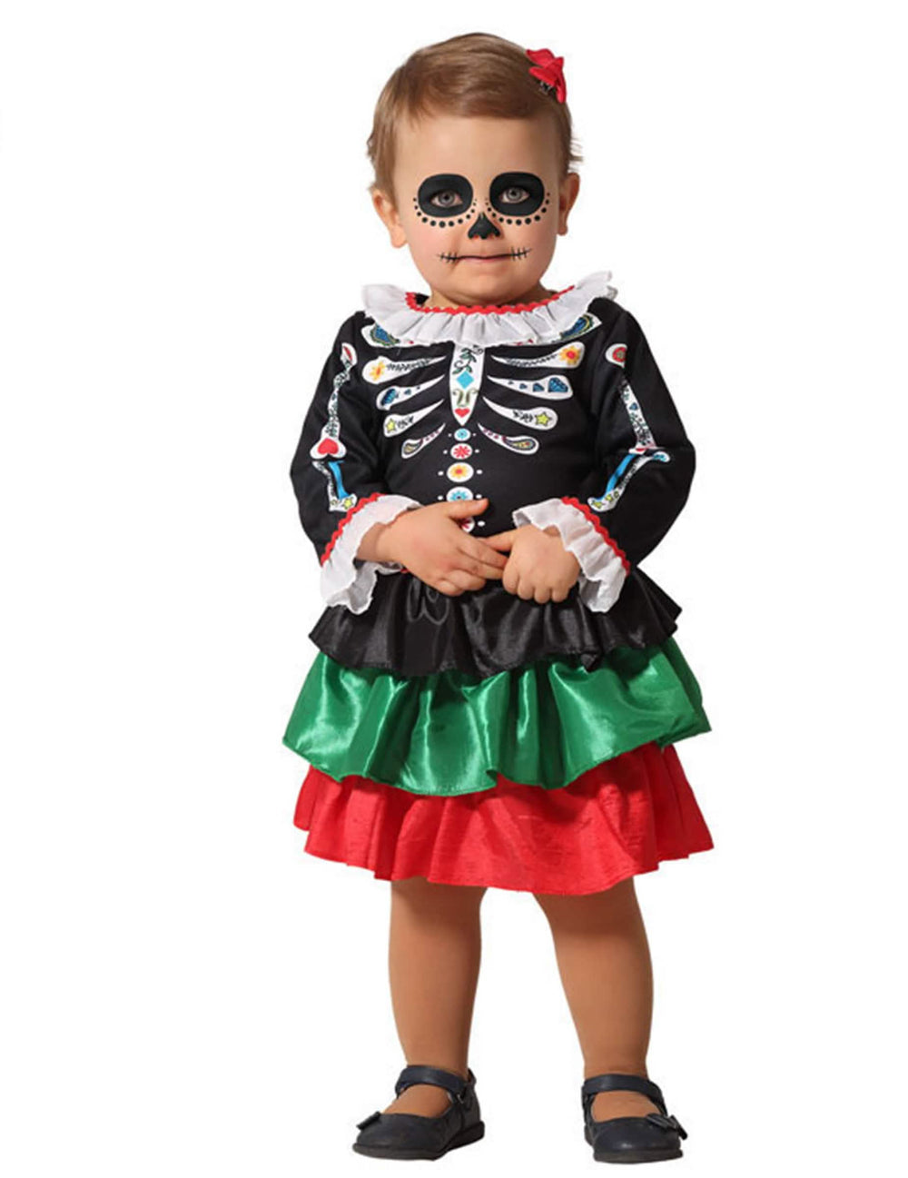 Kostim kostur Dia de los muertos za bebu djevojčicu crna s trobojnom suknjom s volanima