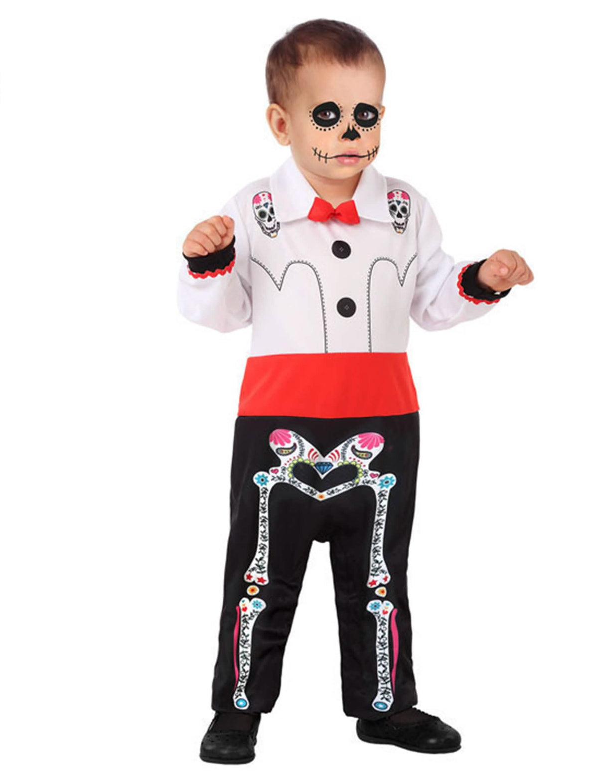Kostim kostura Dia de los muertos za bebu crno i bijelo s crvena leptiri i crvenom mašnom