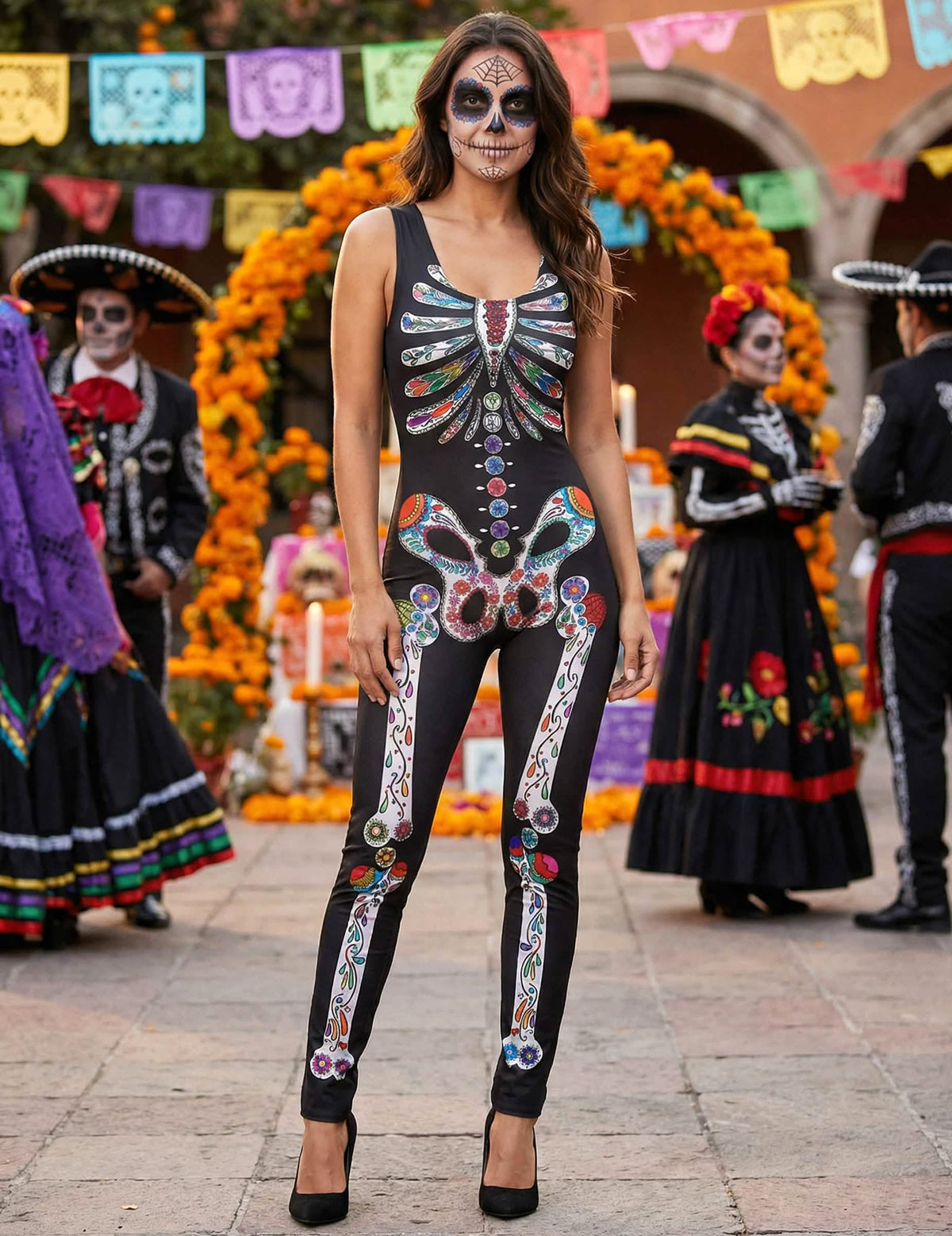 Poza za kostim kostura Dia de los muertos za ženu
