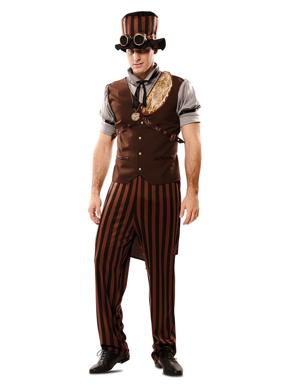 Déguisement steampunk pour homme marron et noir à rayures avec chapeau et lunettes