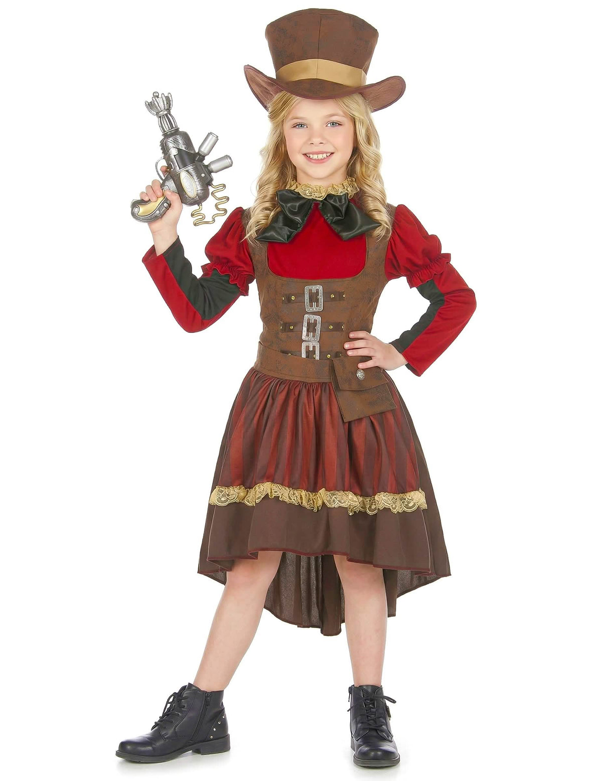 Kostim steampunk luksuz za djevojčica smeđa i crvena s cilindar