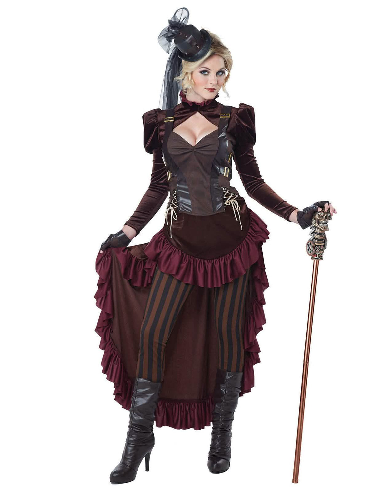 Steampunk seksi kostim za ženu smeđa i bordo s mini cilindrom