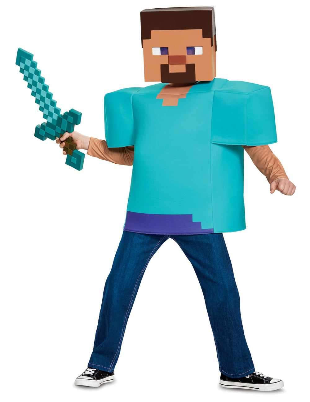 Épée pixelisée tenue avec le déguisement Steve Classique Minecraft