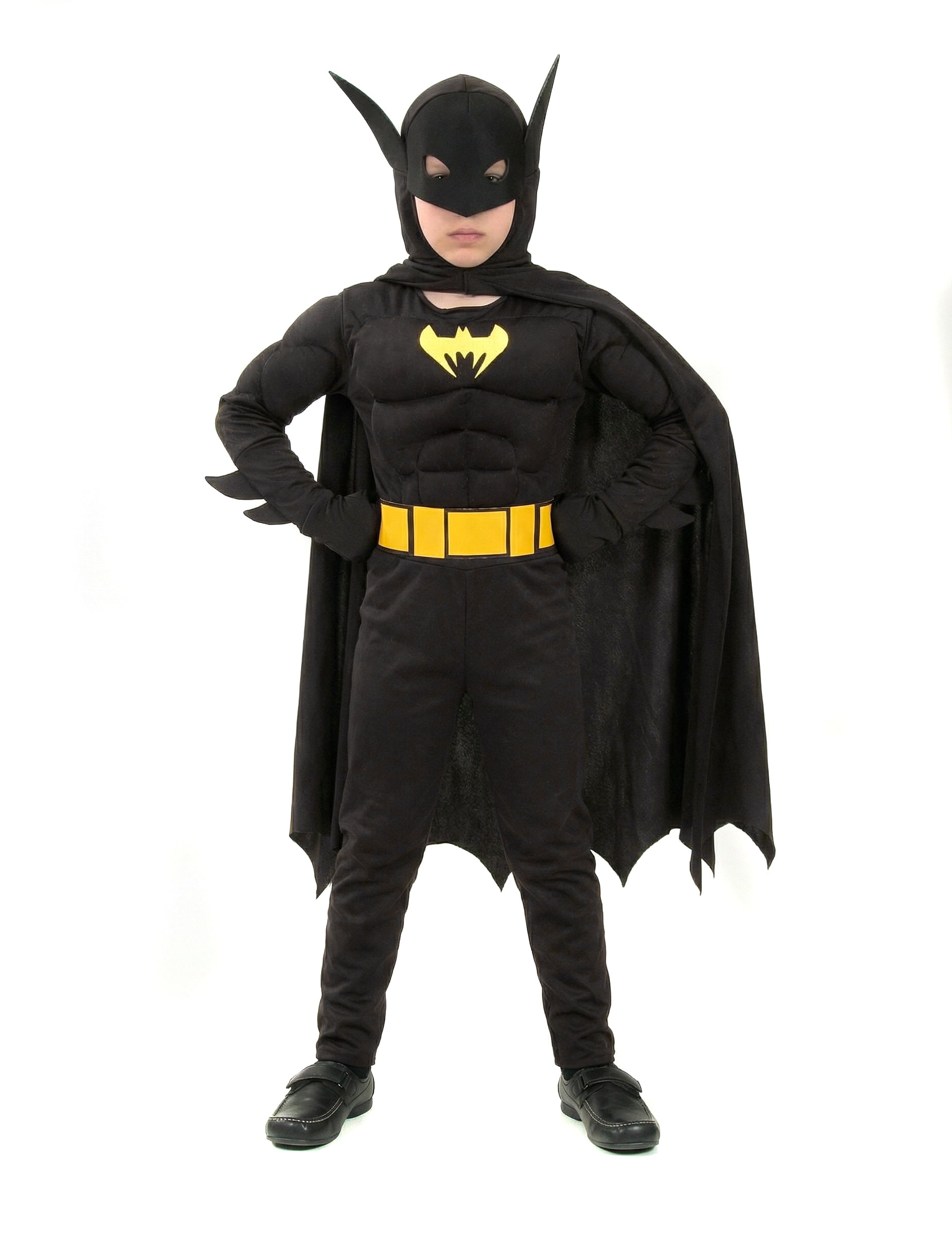Déguisement super héros chauve-souris pour garçon noir avec ceinture et logo jaunes