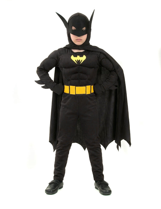 Déguisement super héros chauve-souris pour garçon noir avec ceinture et logo jaunes