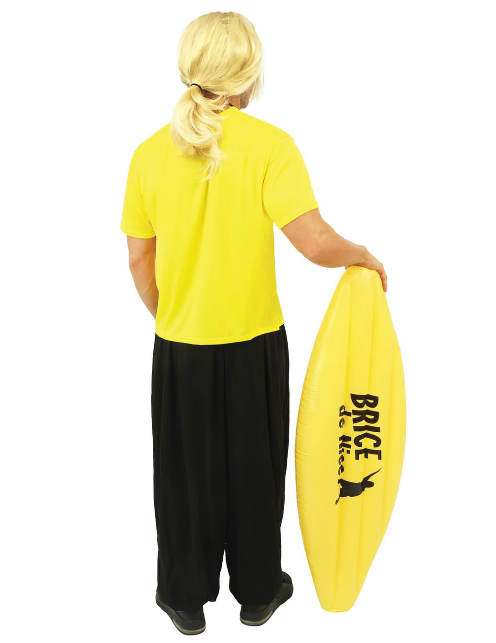 Vue de dos avec planche de surf du déguisement surfeur Brice de Nice™