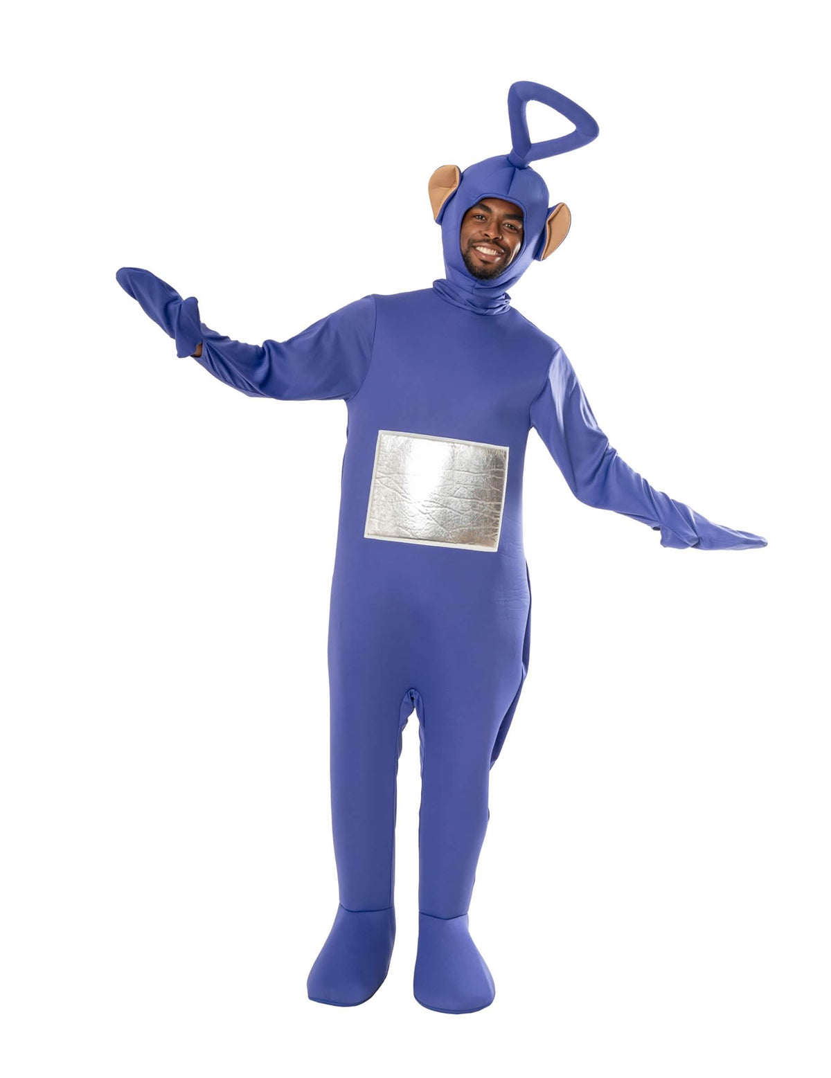 Pogled sprijeda s raširenim rukama kostima Teletubbies Tinky Winky za odrasli