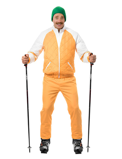 Déguisement tenue de ski Jean Claude Dusse pour adulte orange et blanc avec bonnet vert