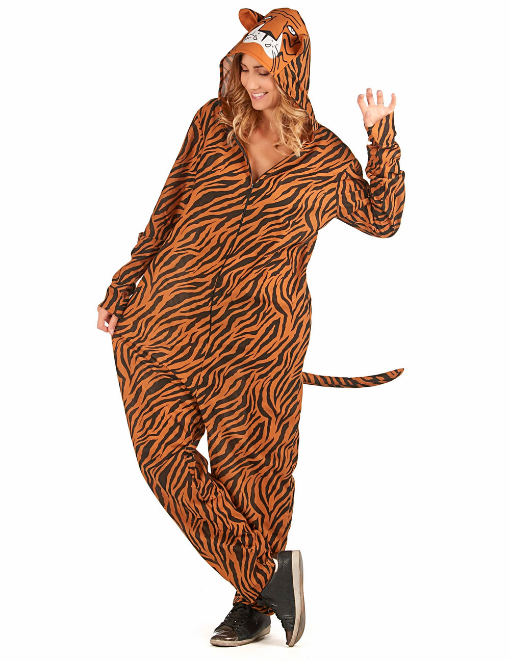 Déguisement de tigre pour femme orange et noir à rayures avec capuche