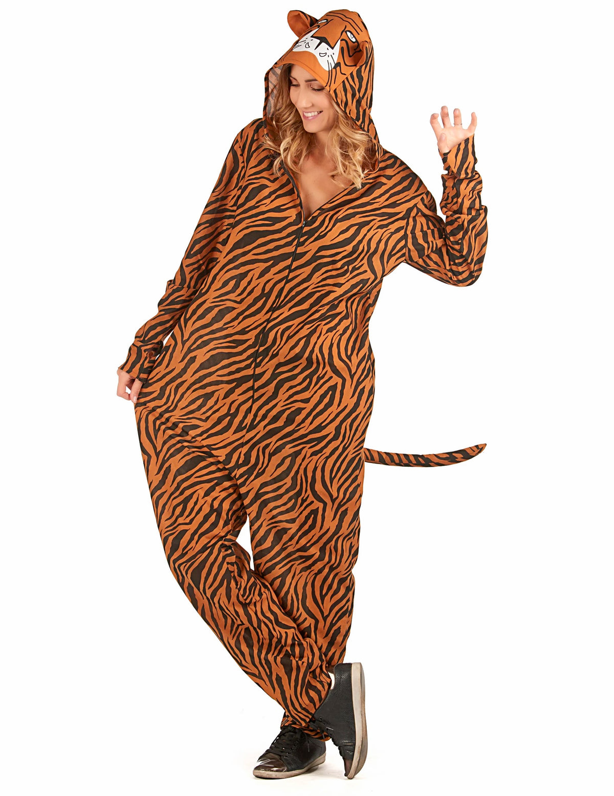 Déguisement de tigre pour femme orange et noir à rayures avec capuche